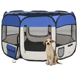 Dog playpen blue and cream polyester, steel 43.3 x 43.3 x 22.8 in
