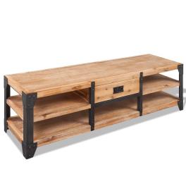 Tv stand brown and black 100% solid acacia wood and steel large