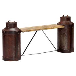 Milk bottle bench brown, natural solid mango wood and recycled iron