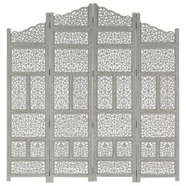 Hand carved 4-panel room divider gray 63"x65" solid mango wood