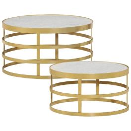 Coffee table set of 2 brass and white marble, steel small