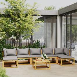 Garden lounge set dark grey cushions, natural wood