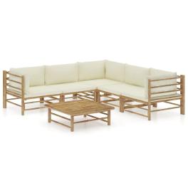 Garden lounge set cream white bamboo, polyester fabric 6-piece set