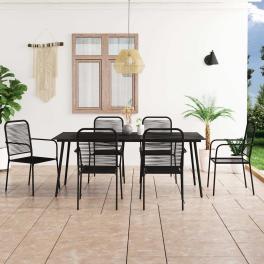 Dining set black cotton rope, powder-coated steel, tempered glass