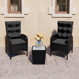 Bistro set black poly rattan, steel, glass, fabric (100% polyester)