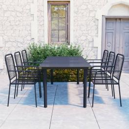 Garden dining set black powder-coated steel, glass, cotton rope
