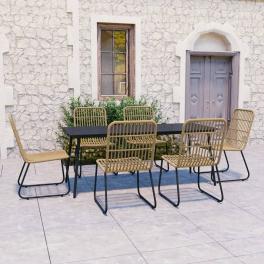 Dining set oak and black poly rattan, powder-coated steel, glass