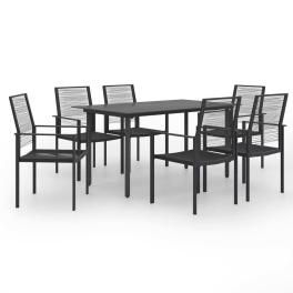 Dining set black glass, powder-coated steel, pvc rattan 7-piece set