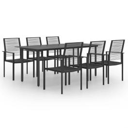 Dining set black glass, powder-coated steel, pvc hollow rattan