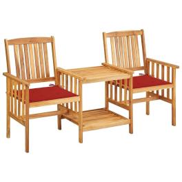 Bistro set natural wood color, red solid acacia wood, 100% polyester