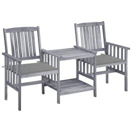 Garden chair with tea table grey solid acacia wood, 100% polyester