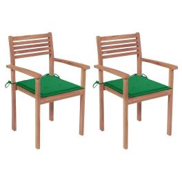 Garden chair set of 2 natural teak, green cushion teak wood