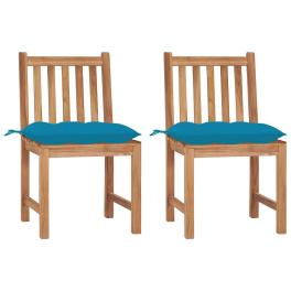 Patio chair set of 2 light blue cushion, teak wood frame