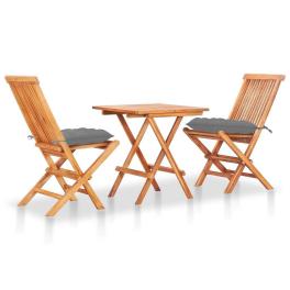 Bistro set natural brown, grey cushions teak wood, polyester cushion