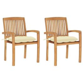 Patio chairs 2 pcs with cream white cushions solid teak wood
