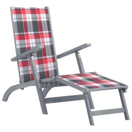 Patio deck chair wooden pattern, red check pattern cushion