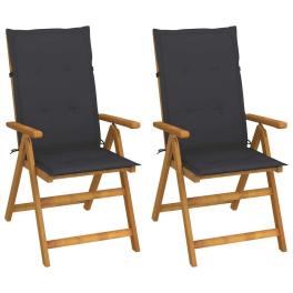 Garden chair set of 2 gray cushion, natural wood