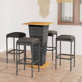 Garden bar set grey pe rattan, powder-coated steel, solid acacia wood