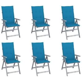 Garden chair set of 6 grey, blue solid acacia wood, 100% polyester