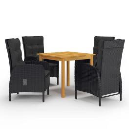 Dining set black solid acacia wood, poly rattan, powder-coated steel