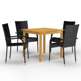 Dining set black, natural wood solid acacia wood medium stackable