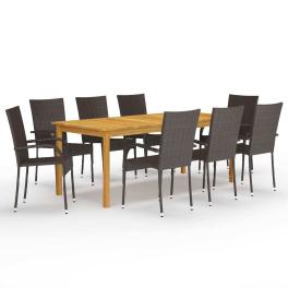 Dining set brown solid acacia wood, pe rattan, powder-coated steel