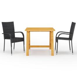 Dining set black solid acacia wood, powder-coated steel, pe rattan