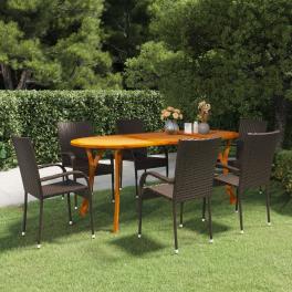 Dining set brown solid acacia wood, pe rattan, powder-coated steel