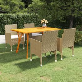 Dining set beige, cream acacia wood, pe rattan, polyester standard
