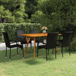 Dining set black solid acacia wood, pe rattan 7 piece stackable