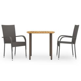 Dining set brown solid acacia wood, pe rattan, powder-coated steel
