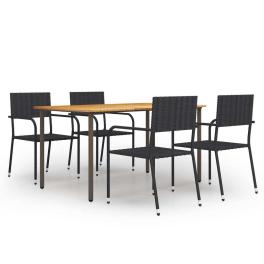 Dining set black solid acacia wood, pe rattan, powder-coated steel