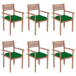 Patio chair set of 6 teak wood with green cushions