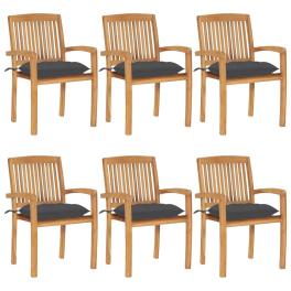 Garden chair set of 6 gray teak wood, polyester standard