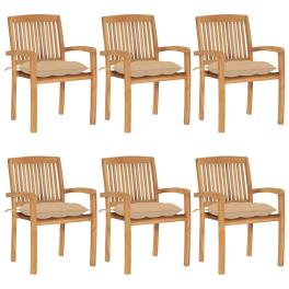 Stacking patio chairs with cushions 6 pcs solid teak wood