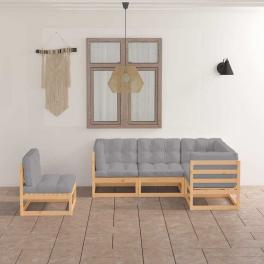 Garden lounge set grey cushions, natural pinewood