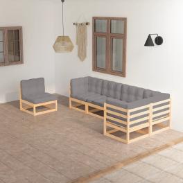 Garden lounge set natural wood, grey solid pinewood, 100% polyester