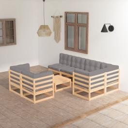 Garden lounge set natural wood, grey cushions