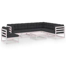 Garden lounge set white solid pine wood, 100% polyester fabric