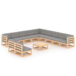 Garden lounge set natural pinewood, grey cushions