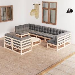 Garden lounge set natural wood, grey solid pinewood, 100% polyester