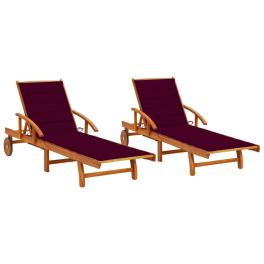 Sun lounger wine red cushion, natural wood