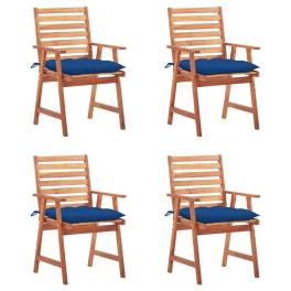 Patio chair set of 4 royal blue cushion, wood brown chair
