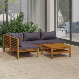 Wooden lounge set dark grey cushions, natural wood frame