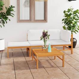 Garden lounge set cream teak wood, polyester 4-piece lounge set