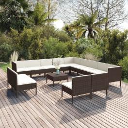 14 piece patio lounge set with cushions poly rattan brown
