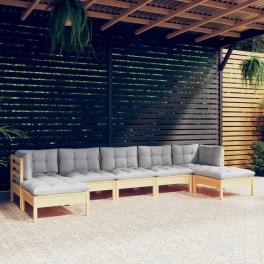 Garden lounge set light grey, natural wood solid pine wood, polyester