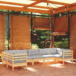 Garden lounge set gray solid pine wood, 100% polyester 7 piece set