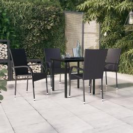 Garden dining set black pe rattan, powder-coated steel, glass