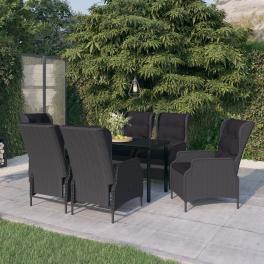 Garden dining set dark grey, black steel frame, pe rattan, glass top